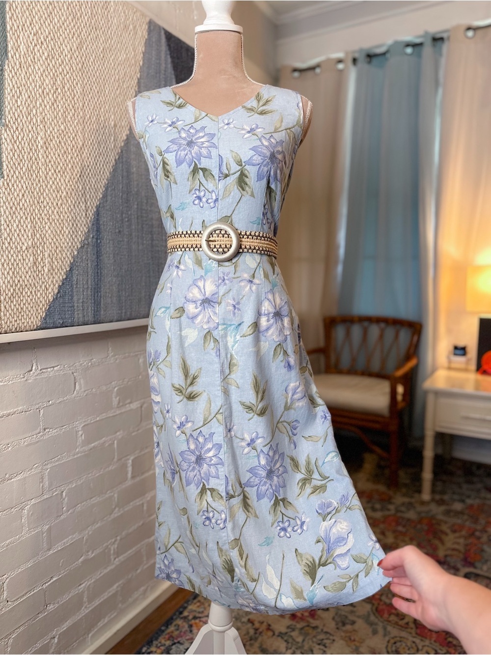 Expressions Linen Blend Blue Floral 90s Sleeveless Midi Dress